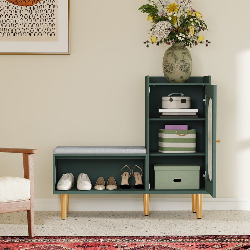 48" L-shaped Shoe Storage Bench – Padded Seat, Glass Door & Shelf, Modern Organizer For Entryway/hallway/bedroom, Green