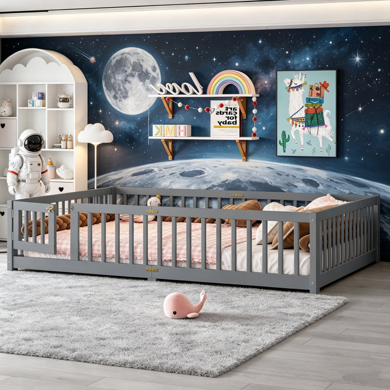 Floor Bed, Wooden Toddler Bed Frame With Safety Guardrails, Door And Slat Support, Low Profile Kids Floor Bed For Boys Girls, No Box Spring Needed(Natural/Grey/White)