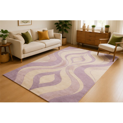 Tapis d'intérieur « Ultra Fin » 152 x 213 cm, motif vagues lavande rétro, idéal pour le salon. Tapis doux à poils courts avec envers antidérapant en silicone, tapis décoratif moderne pour chambre, bureau ou salle familiale. Couleurs : lavande et ivoire.