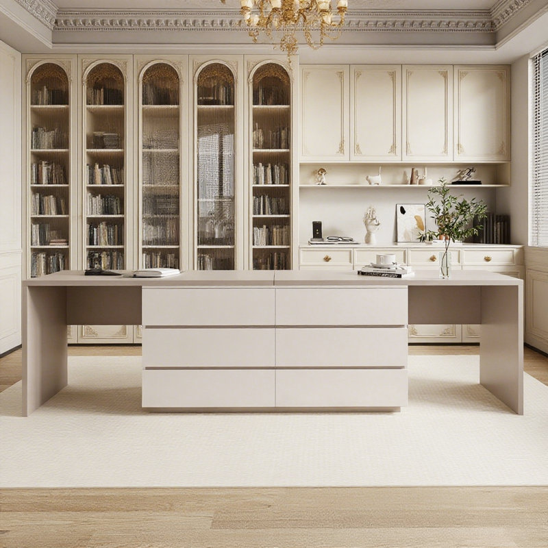 Modern Extendable L-Shaped Desk With 6 Storage Drawers, Khaki/Beige