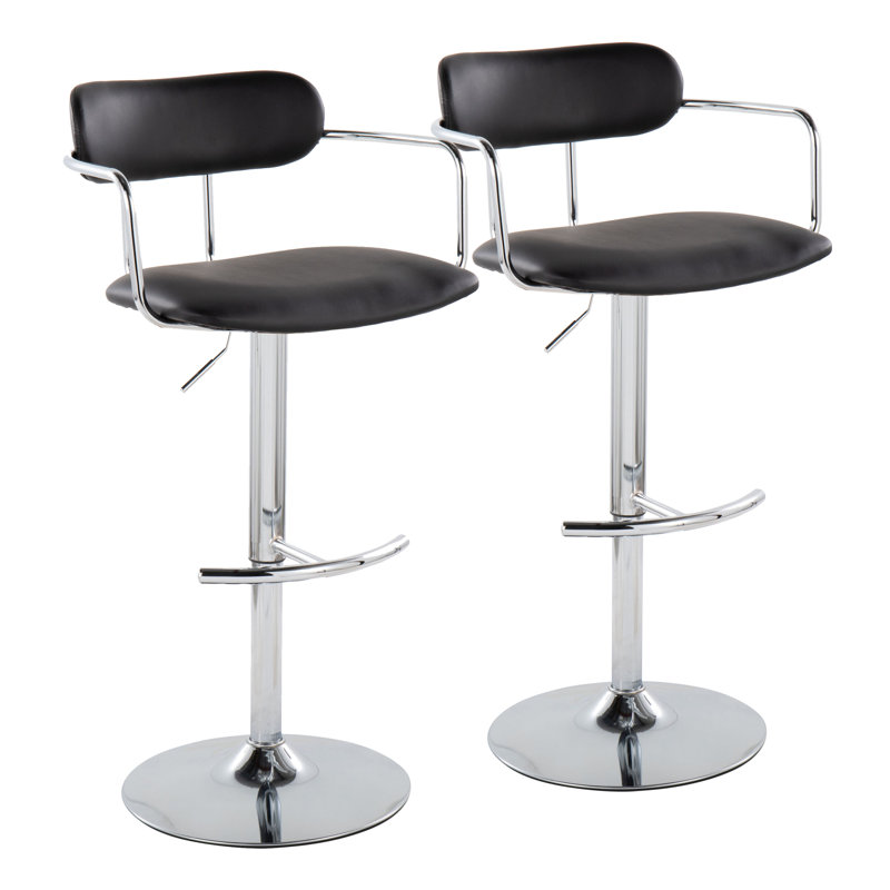  Erma Adjustable Height Faux Leather Bar Stool with Rounded T Footrest (Set of 2), Black, Chrome