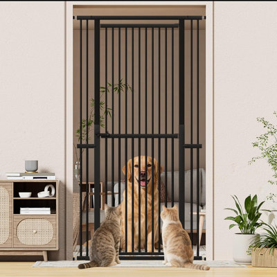 Snuowu 51"-87" Extra Tall Pet Gate for Cats, 29.5"-40.5" Wide Pressure Mounted No-Drilling Safety Dog Gate, Metal Walk-Thru Barrier for Doorways, Stairs, Kitchens, Black