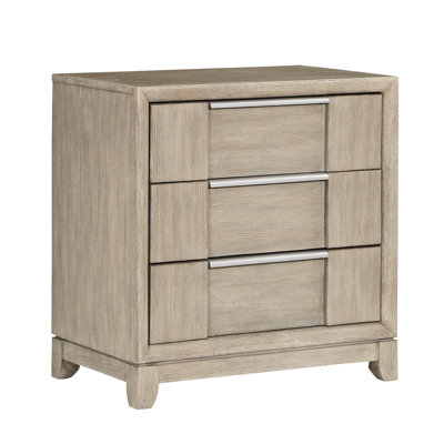 Armoire de chevet moderne à 3 tiroirs avec port de charge gris pour chambre à coucher, quincaillerie en métal fini, glissières de roulement, poignées en placage de bois de frêne, H 28 po x 17,5 po