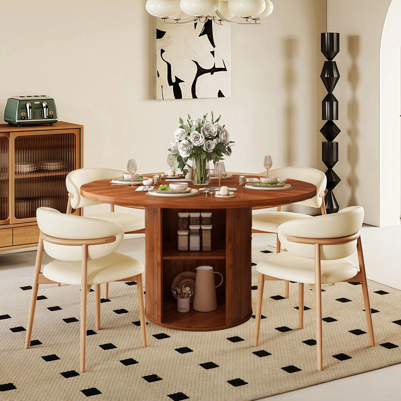 47” Round Dining Table For 4, Wood Farmhouse Kitchen Table For Living Room, Dinner, Chamfered Edge 1.18" Thickness Tabletop