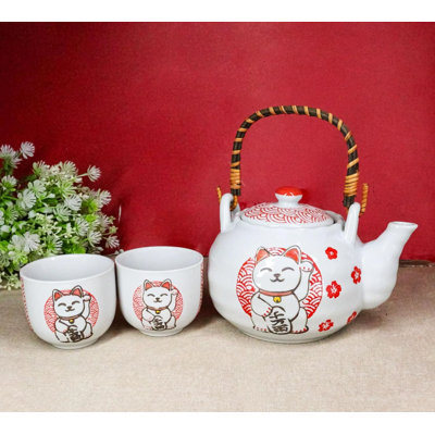 Blanc et rouge Maneki Neko Lucky Cat en céramique et 2 tasses avec poignée en bambou