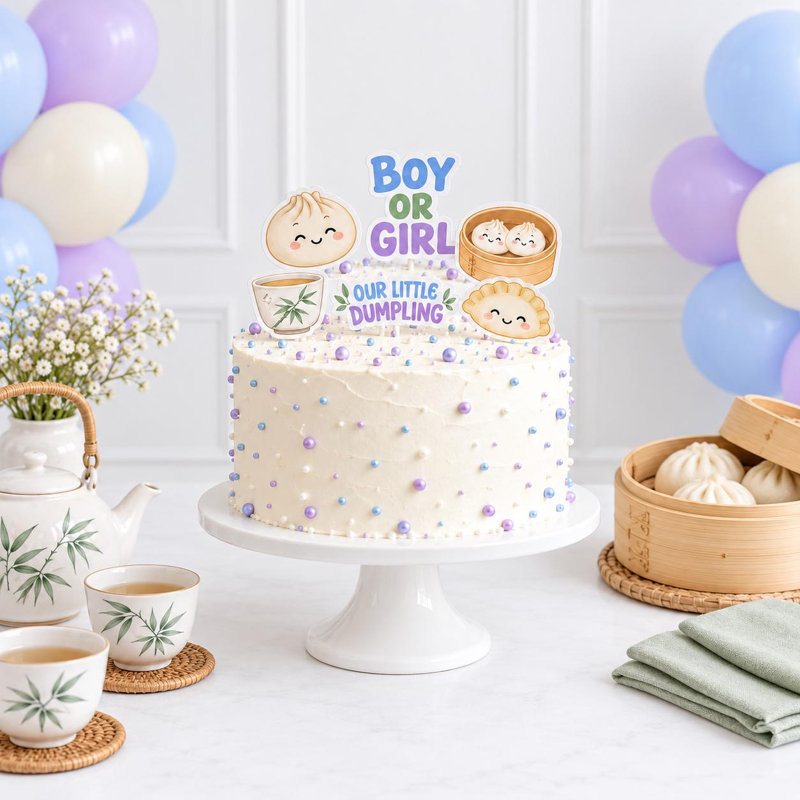 Décorations pour gâteau de révélation du sexe « Our Little Dumpling », mini-boulettes Bao Dim Sum bleu lilas, garçon ou fille, ensemble de 6