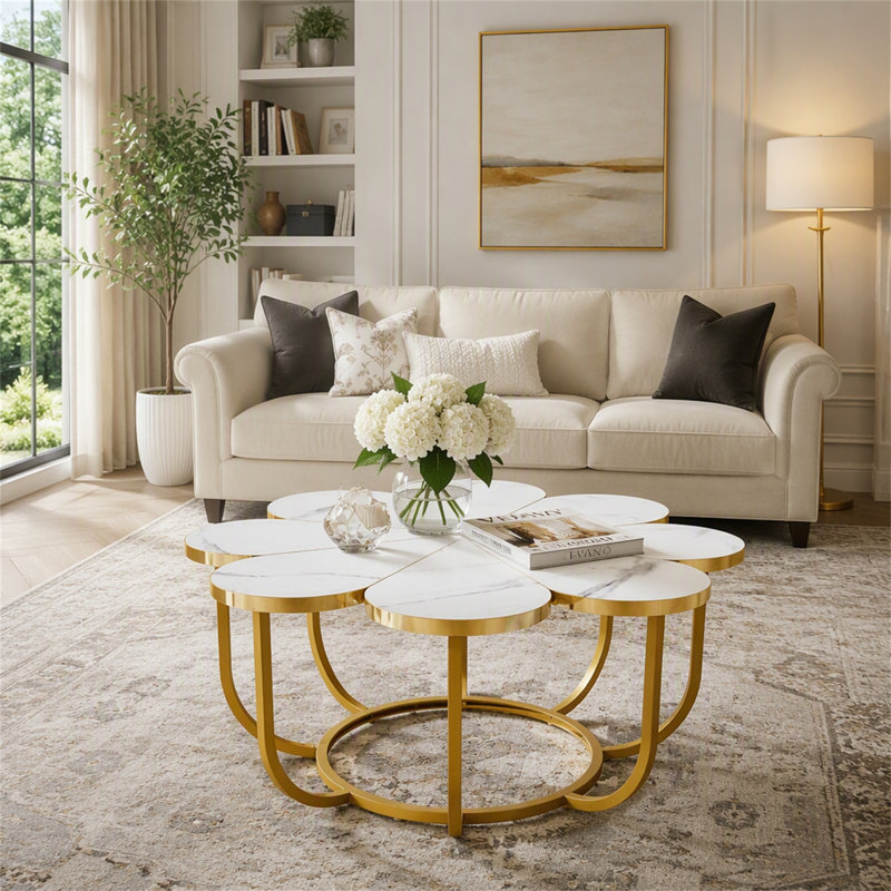 Table basse moderne, centre de table en forme de fleur avec plateau en faux marbre
