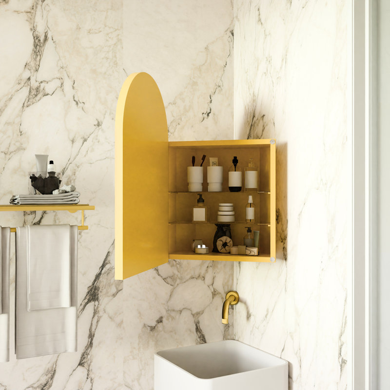 18X24 Inch Metal Corner Medicine Cabinet With Arched Mirror And Adjustable Shelves For Small Bathroom Organization Matte Gold Storage Optimization In Limited Areas