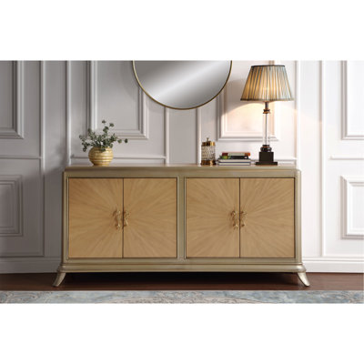 Armoire console en chêne naturel à motif soleil levant et finition taupe