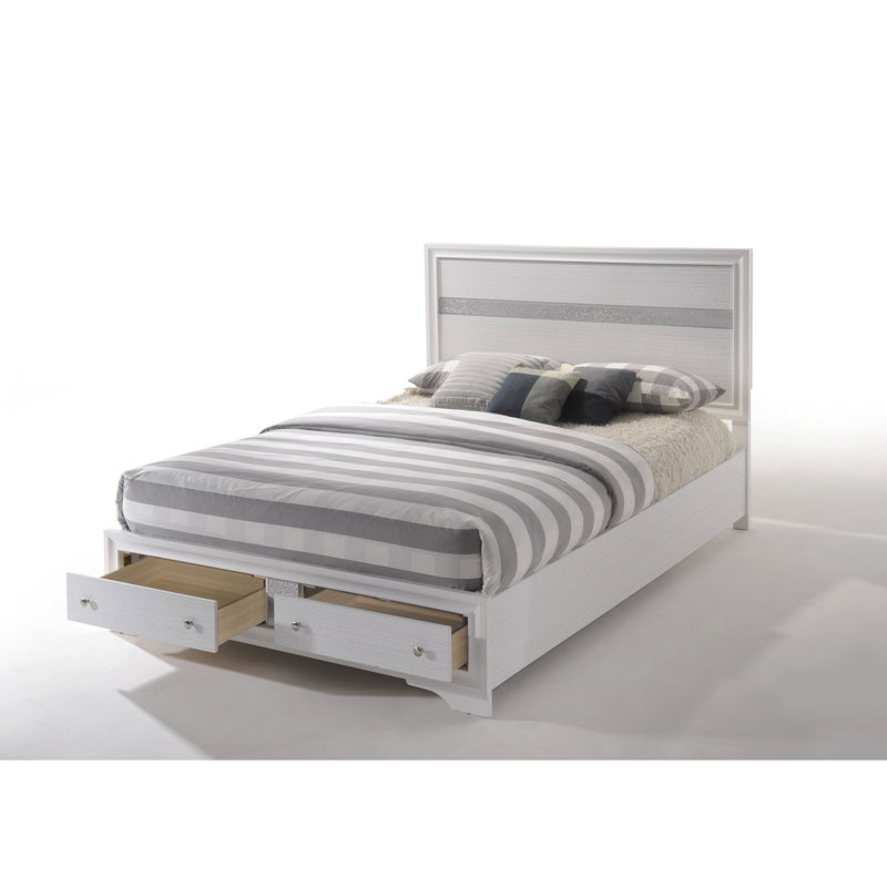 Lit bas à profil blanc avec fonction de rangement, 5 lattes + 8 pieds de soutien, aucun sommier requis, compartiment d'installation simple, panneaux, étapes d'assemblage faciles