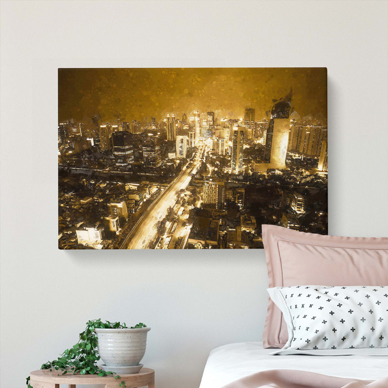 Golden Jakarta Skyline in Abstract - Wrapped Canvas, 35cm H x 50cm W x 3cm D