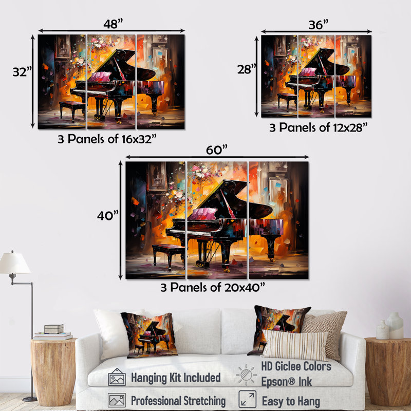 «Multicolor Piano Harmony In Hues», ensemble d'art mural sur toile piano, H 32 po x l 48 po x P 1 po