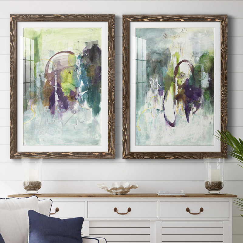 «Moving on I» - ensemble de 2 peintures encadrées, H 20 po x l 17 po x P 1 po, Encadré de bois de noyer