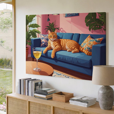 Wall Art Canvas Lazy Tabby And Wine Cozy Modern Cat Lounge Art Home Should Feel Like Wall Ready To Hang Gallery Wrapped Home Decor