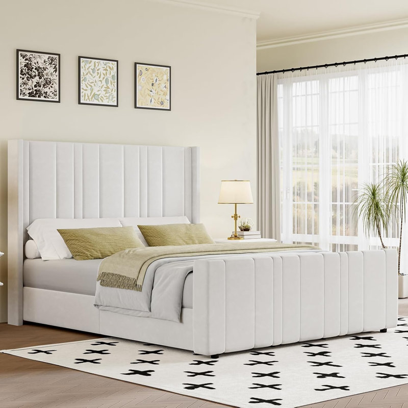 Lit rembourré avec tête de lit capitonnée verticale et pied de lit 22 po, White, Grand