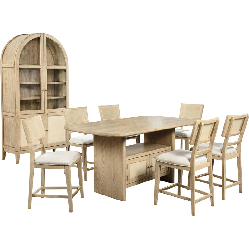 Table de salle à manger 8 places en chêne beige, table rectangulaire, chaises rembourrées et vitrine pour salle à manger rétro
