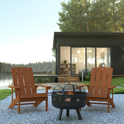 Star and Moon Fire Pit with Mesh Cover & 2 Poly Resin Adirondack Chairs