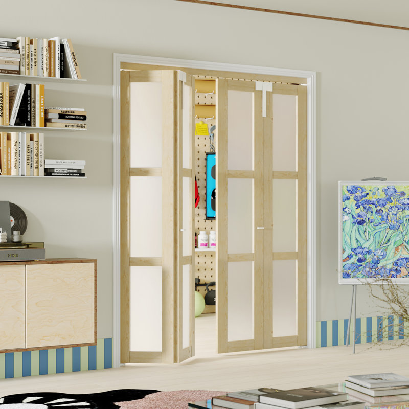 Portes doubles pliantes - Porte intérieure double en panneau de fibres à densité moyenne en verre givré 3 portes pour garde-robe, bois de pin avec serrure, poignée et quincaillerie