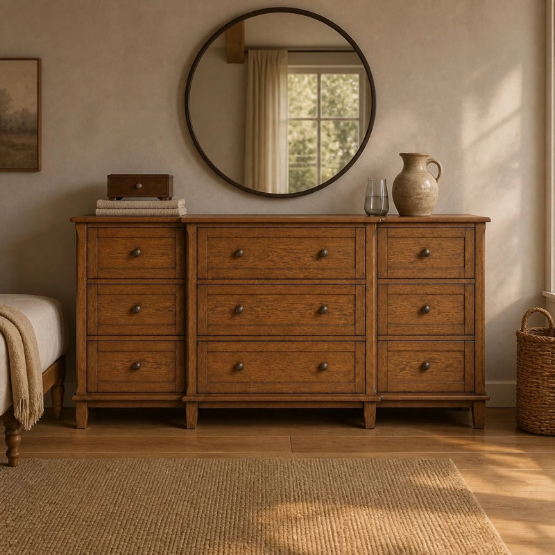 Commode 9 tiroirs en bois massif l 9 po, Naturel
