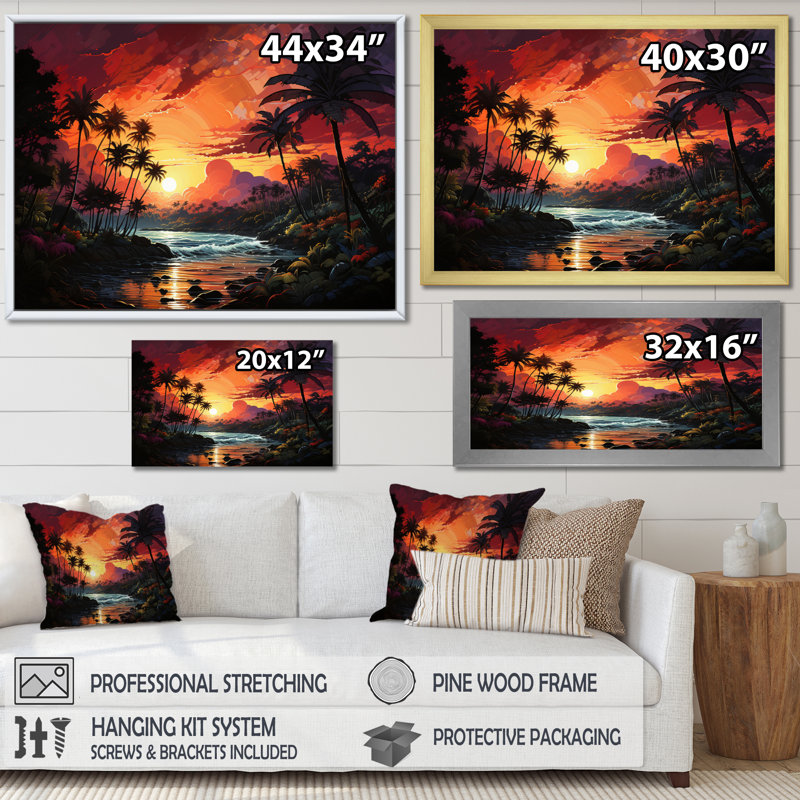 Palmiers sur un coucher de soleil coloré sur toile, Cadre flottant doré, H 34 po x l 44 po x P 1,5 po