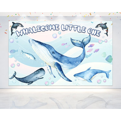 Bienvenue p'tit ange ! Toile de fond Baleine bleue pour fête prénatale (150 x 90 cm) - Décor océanique apaisant pour accueillir bébé