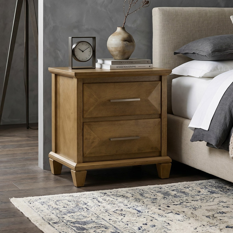 Claypoole 23” H Transitional Brown Solid Wood 2 Drawer Nightstand, Antique Oak