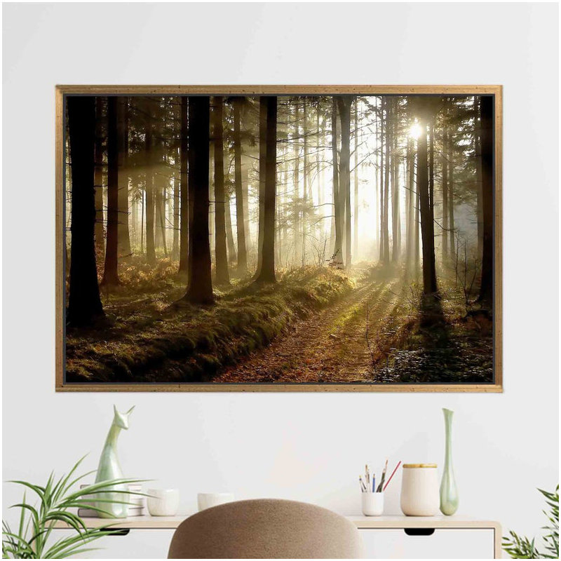 Forest Path at Sunset Canvas Art - Nature-Inspired Wall Decor, Framed Print without Mat, Gold, 40 cm H x 60 cm W