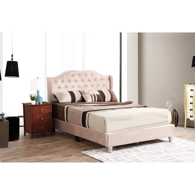 Lit tapissier beige - grand, velours aspect transitionnel élégant, grand beige, velours, base