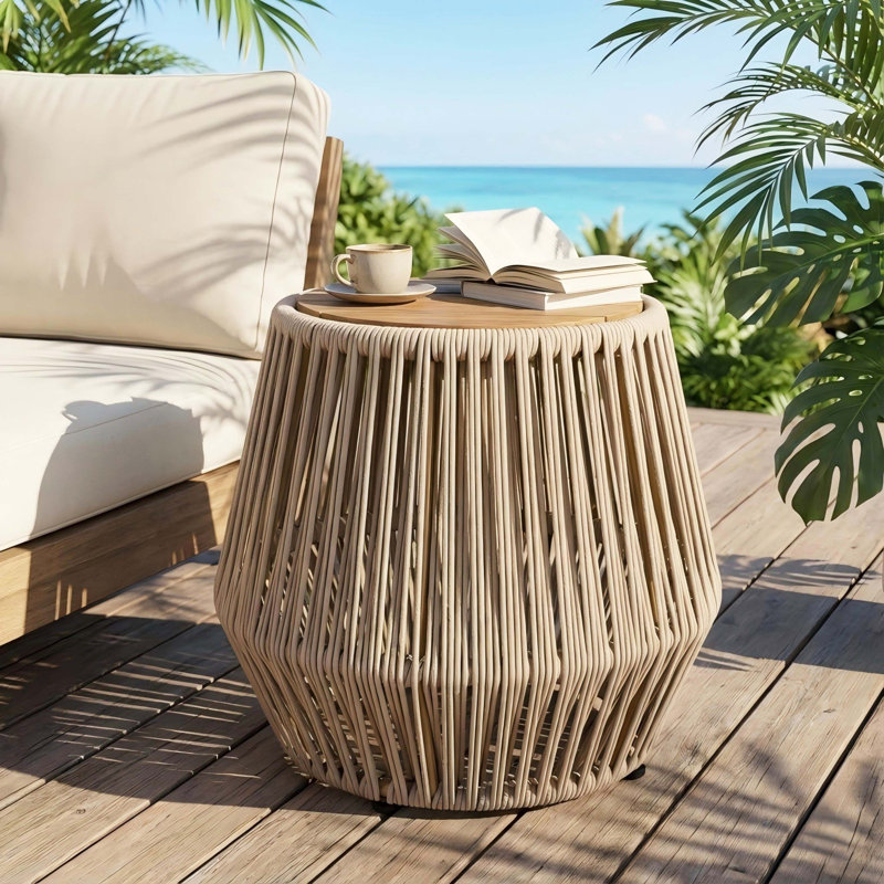 Table d'appoint en bois d'acacia avec base en corde beige - finition teck clair, décor côtier moderne pour la terrasse, le jardin, le balcon et l'intérieur
