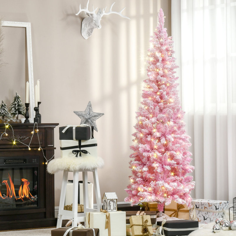 Arbre de Noël artificiel enneigé 6 pi avec forme de crayon, branches de pin réalistes, lumières DEL blanc chaud, ouverture automatique