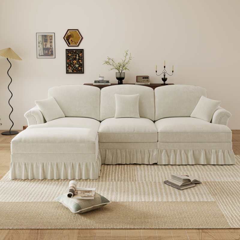 Sofalyn 3-Piece Chenille Modular Sectional Sofa Couch With Flared Arms And Removable Skirts, Beige Chenille