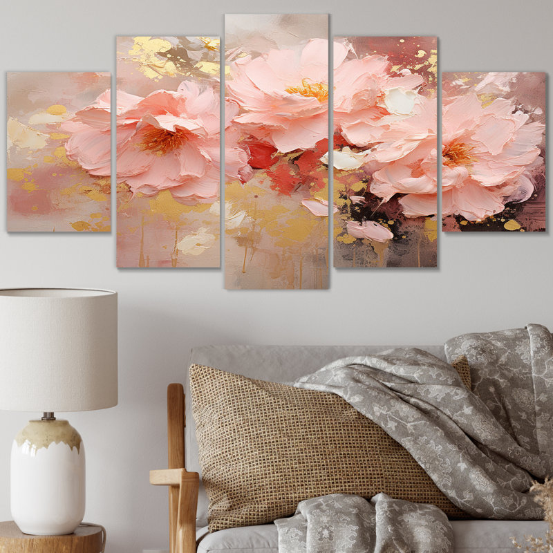 Tender Light Pink Flower, reproduction d'art sur toile, formes abstraites, 5 panneaux