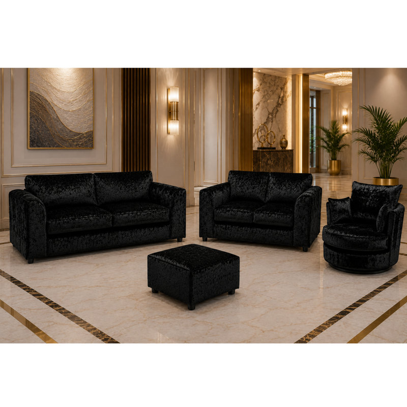 4 Piece Velvet Standard Living Room Set, Black