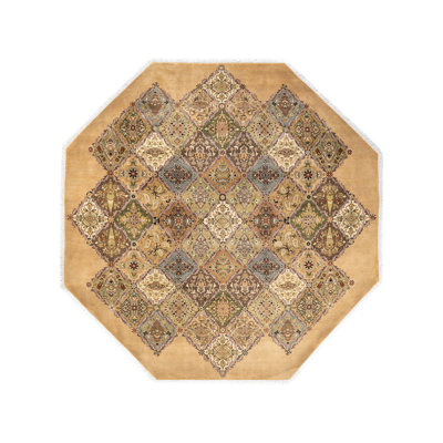 Tapis unique noué à la main beige / olive / gris Hayner, 7 pi 1 po x 7 pi 1 po