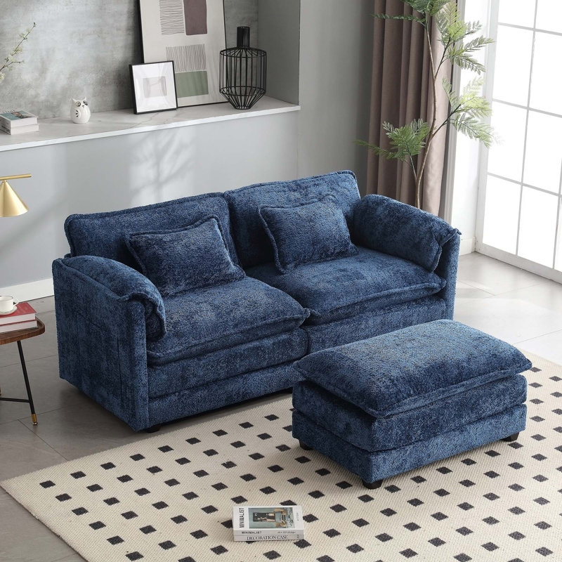 76.77" Chenille Loveseat With Ottoman, Blue Chenille