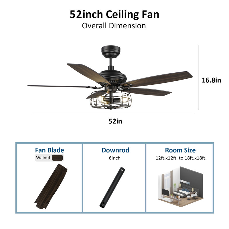 Ventilateur de plafond standard à 5 pales de 52 po avec télécommande et ensemble d'éclairage inclus Melbyrn