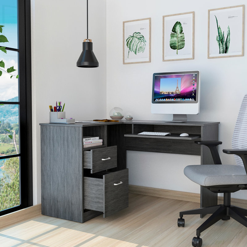 2-Drawer 1-Shelf L-Shaped Computer Desk(Desk), Light Gray