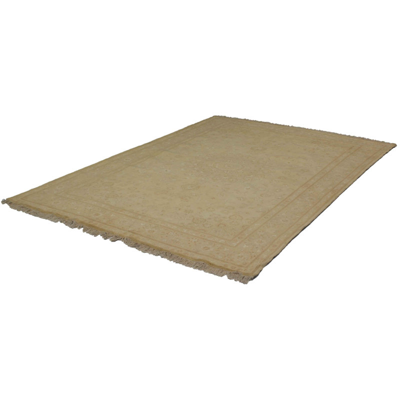 Tapis oriental beige en laine / coton fait à la main 6 pi 8 po x 9 pi 8 po Oriental