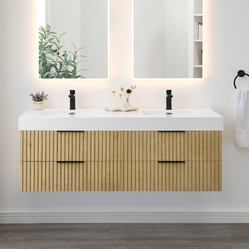Livia 60" Wall-mounted Double Bathroom Vanity with White Artificial Drop-in Sink without Mirror