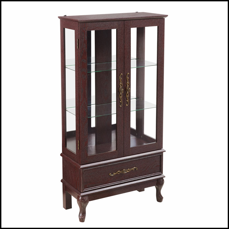 Vitrine Curio avec verre éclairé, tablettes réglables, 2 portes et 1 tiroir, finition cerisier foncé, Cerisier