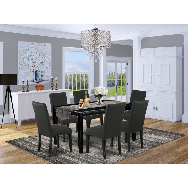 7 Piece Modern Dining Table Set Consist of a Rectangle Wooden Table and 6 Black Color Linen Fabric Upholstered Chairs, Black