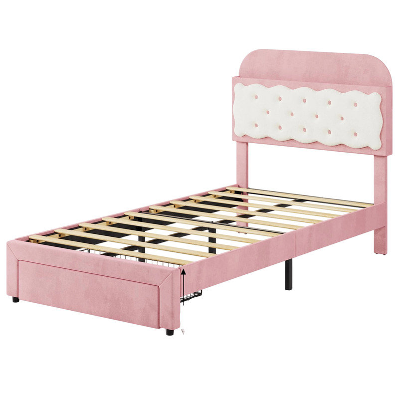Lit plateforme rose en métal avec tête de lit simple et tiroir de rangement