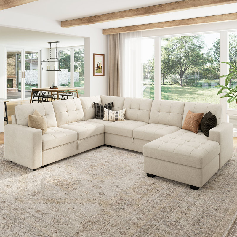 Canapé-lit modulaire capitonné en forme de U avec méridienne Epping Chasidi, Polyester beige