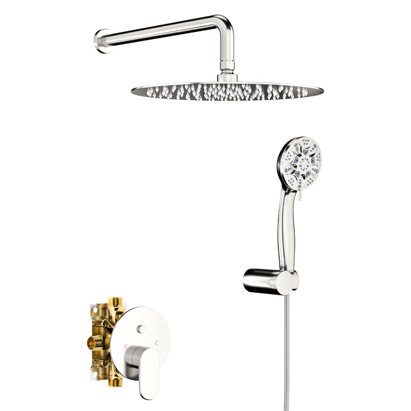 Ensemble de pomme de douche 10 po, nickel brossé - fixation murale double avec pluie et à main, 5 réglages, installation facile