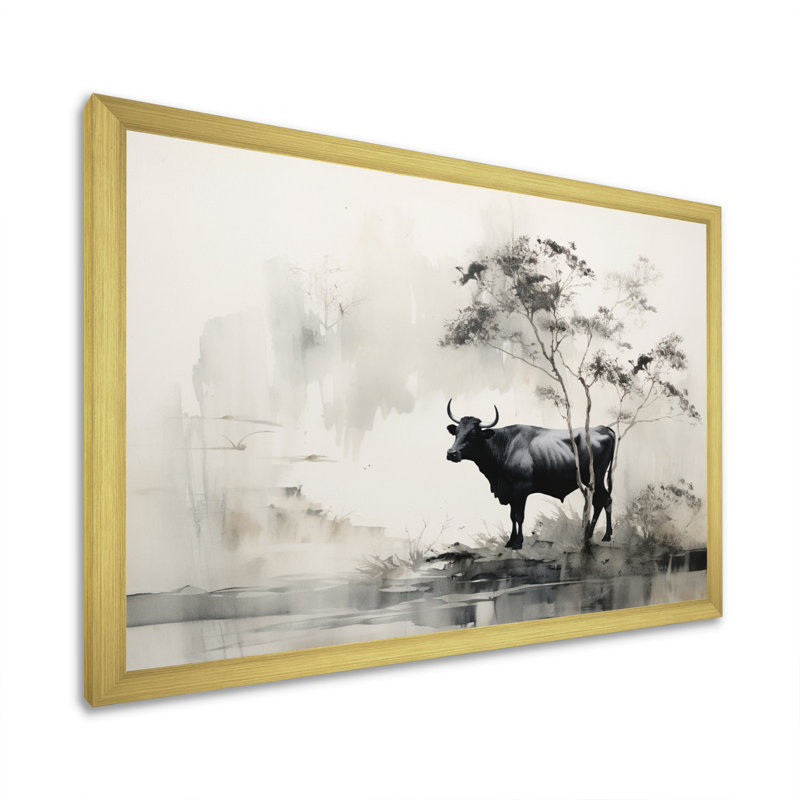 Art asiatique, vache Sumi xiv - impression, H 30 po x l 40 po x P 1,5 po, Encadrement doré