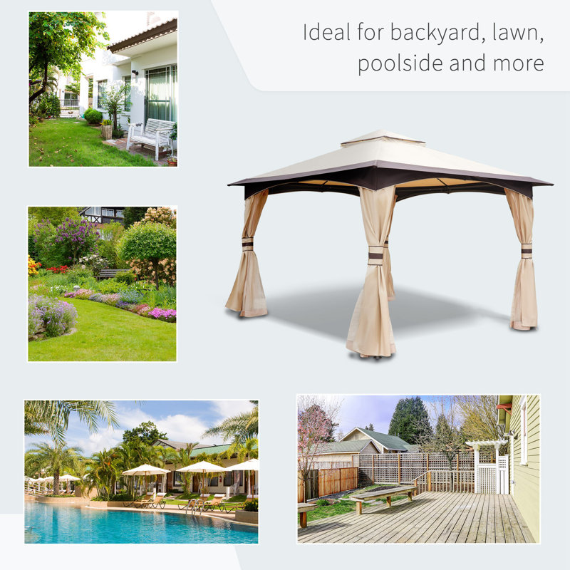Pavillon de jardin extérieur 10 pi x 12 pi avec filet et rideaux Outsunny, auvent de patio avec toit souple à 2 niveaux et structure en acier pour le jardin, la cour et la terrasse