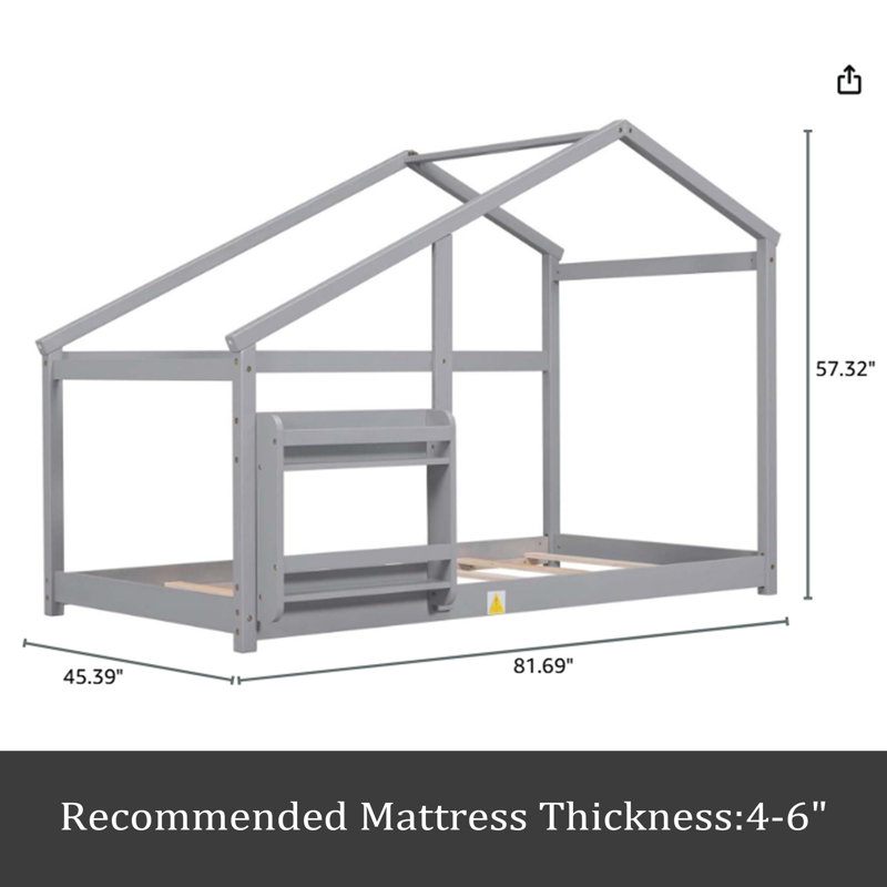 Lit simple en bois, lit simple en bois avec tablette, pas de sommier, Gris