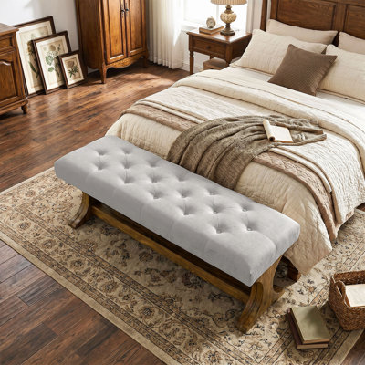 55" Upholstered End Of Bed Bench, Solid Wood Tufted Entryway Bench