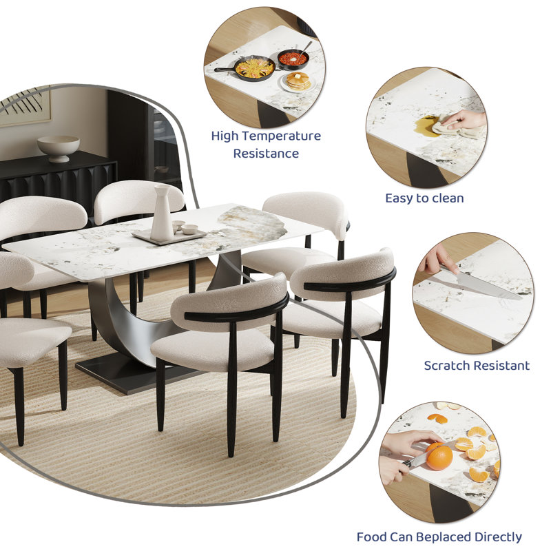 Modern Rectangular Sintered Stone Dining Table With Pedestal Base, 29.21" H x 62.99" L x 31.5" W, Beige