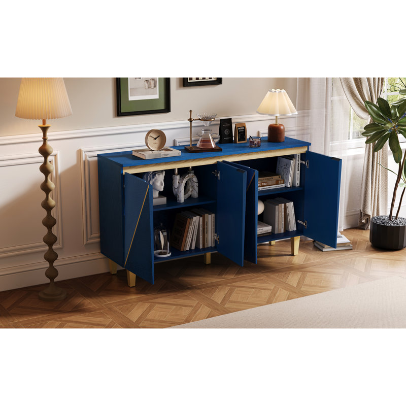 Buffet 60 po avec 4 portes, effet dimensionnel, tablettes réglables à trois niveaux, pieds en bois massif et rangement rétro bleu marine foncé, configuration à 4 portes, tablettes, patiné